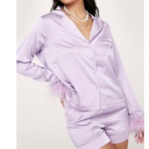 NWT PURPLE Satin Feather Pajama Shirt And Shorts Set 8